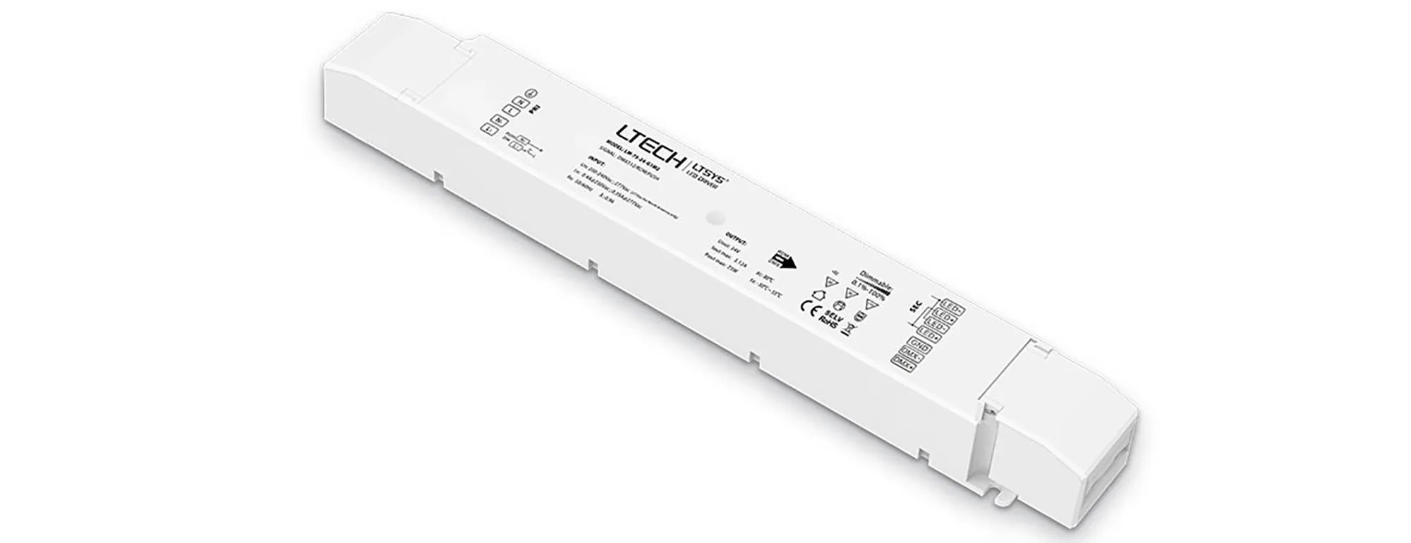 LM-75-24-G1M2  DMX524/RDM/Push DIM, 0-100% Dim, CV 75W, 24Vdc 3.12A, 200-240Vac, IP20, 5yrs Warranty.